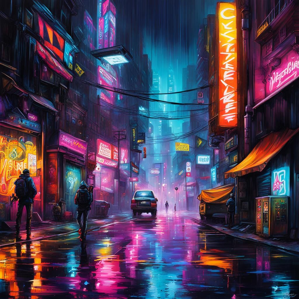 Cyberpunk Night Cityscape with Graffiti Art
