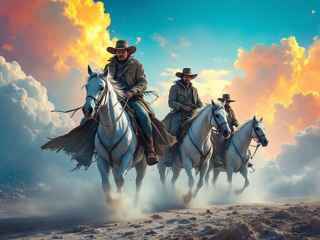 Spectral Cowboys Ride Across a Vibrant, Hyperrealistic Sky
