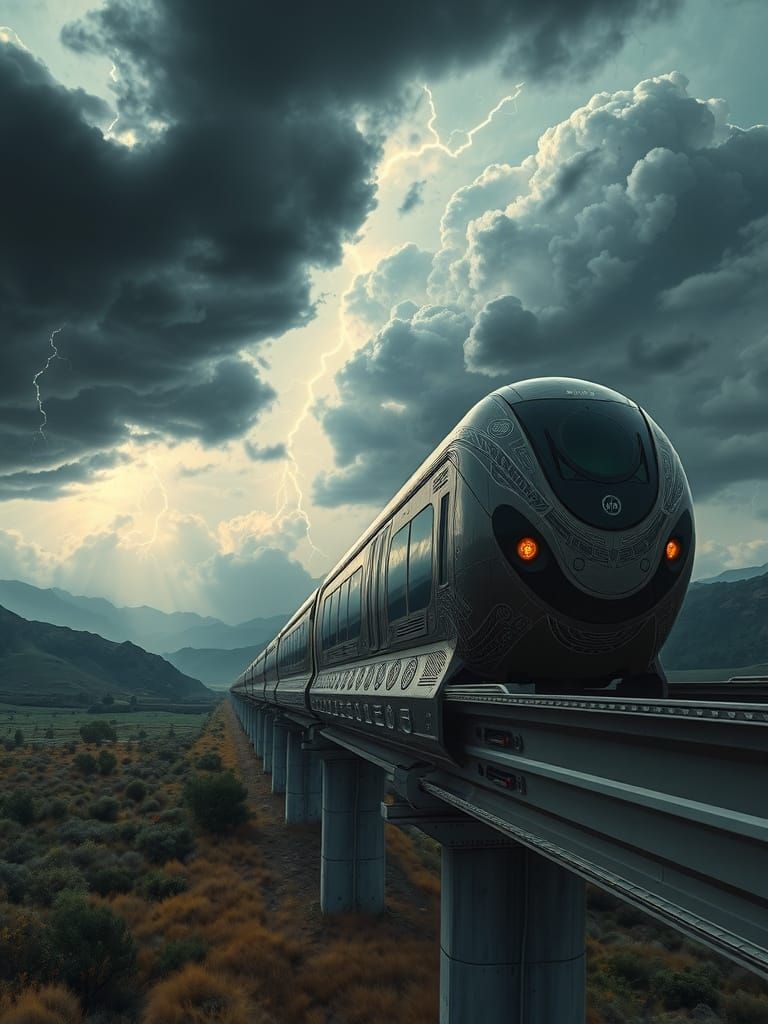 Futuristic Steampunk Train Speeds Through Stormy Countryside