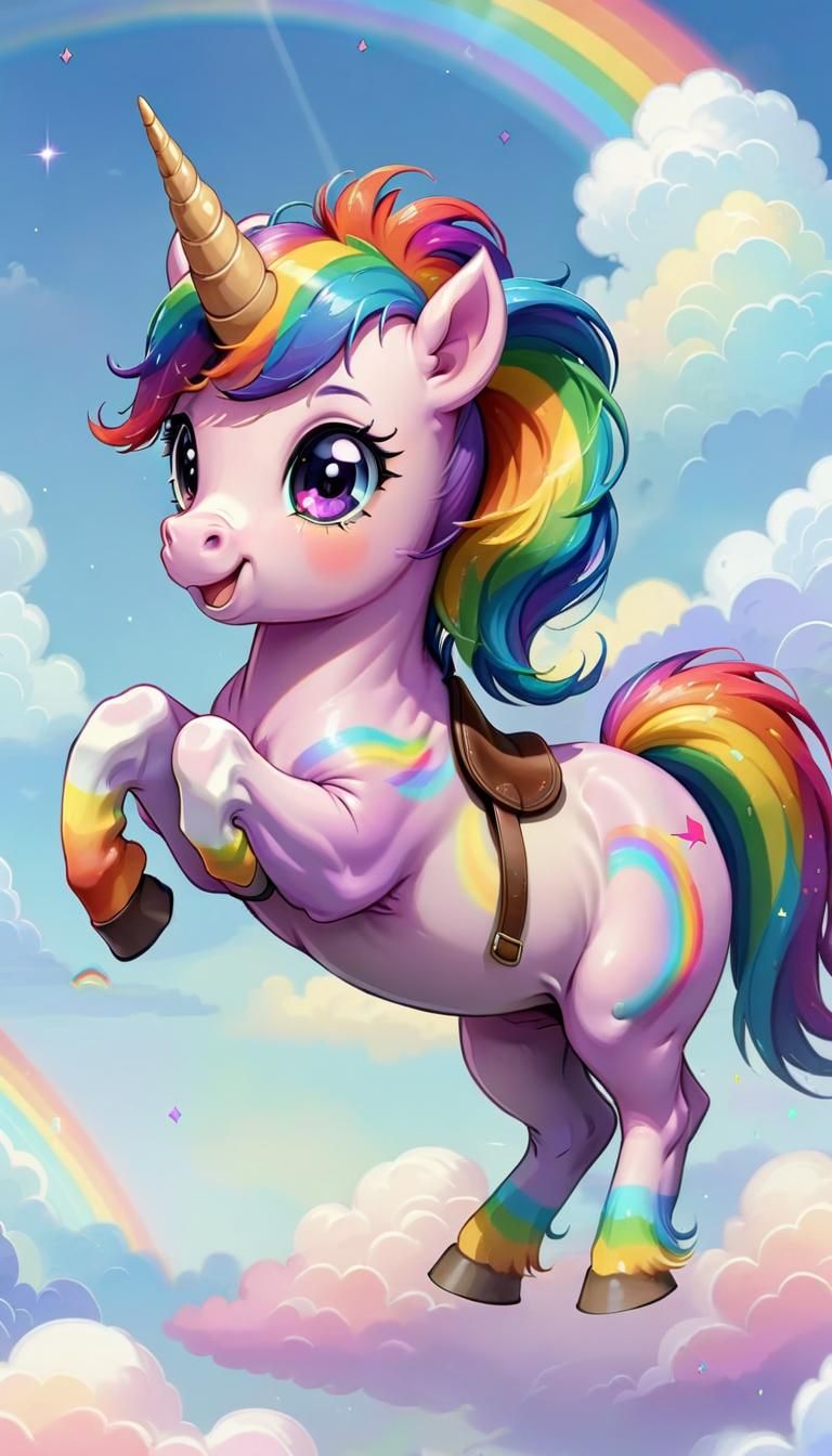 Unicorn Pony Rides Rainbow Clouds