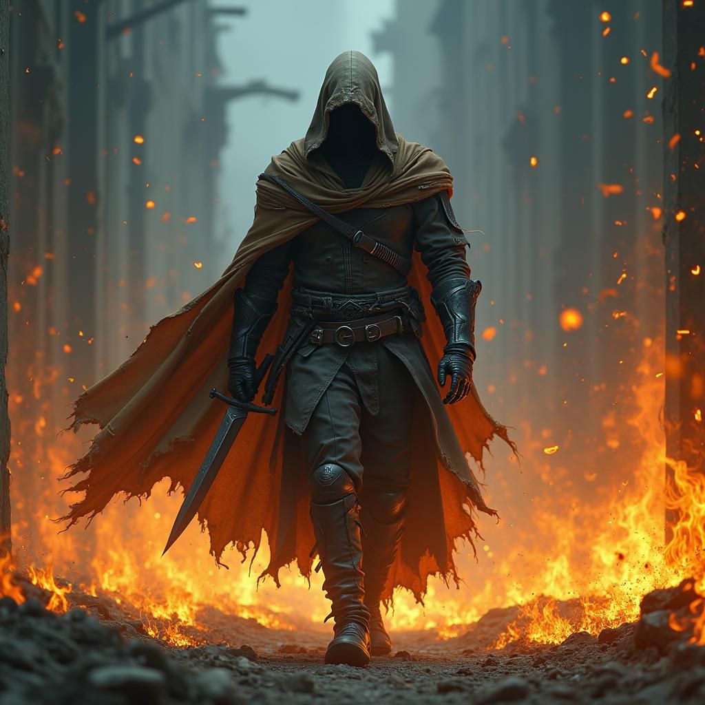 Assassin Walking Through Inferno in Dark Atmospheric Style
