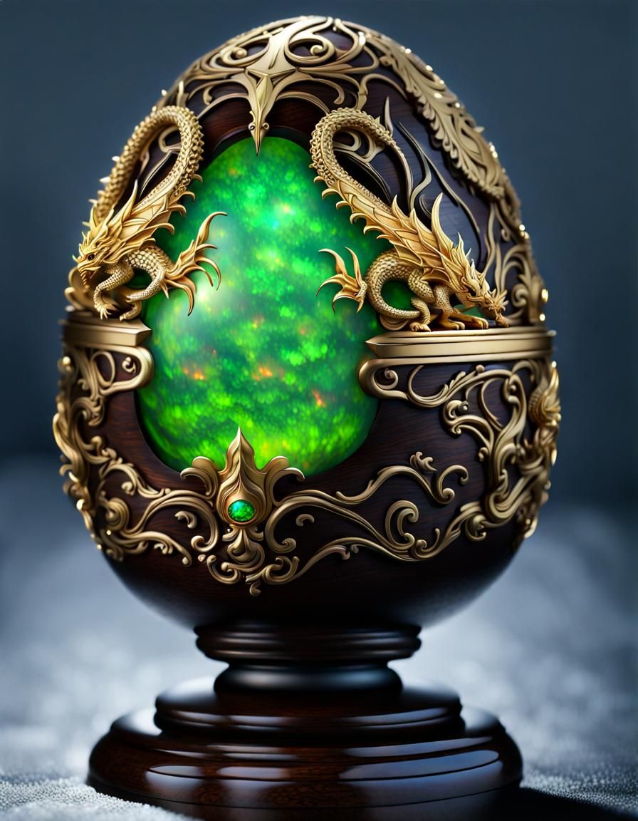 Green Fire Opal Dragon Egg with Gold Filigree