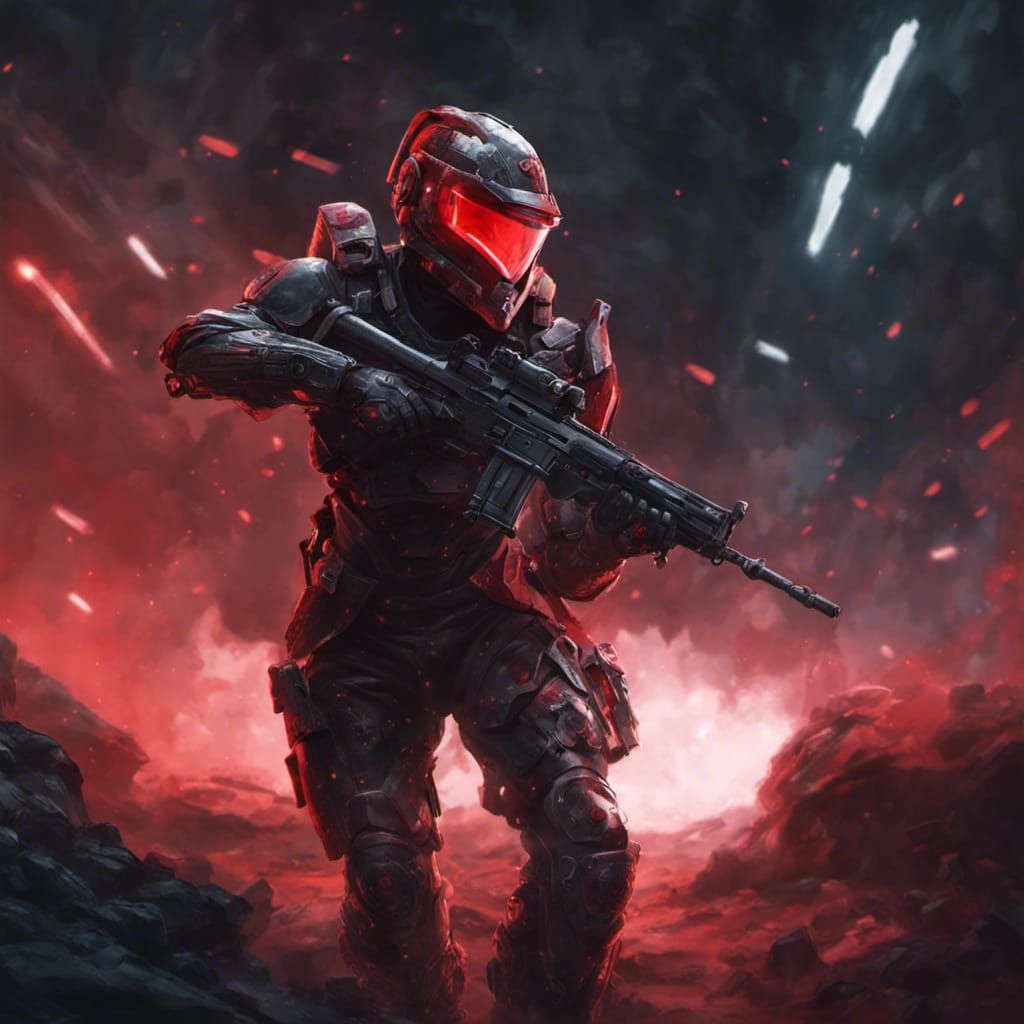 sci-fi soldier with gun and red visor, knight armor, red trim, insane details