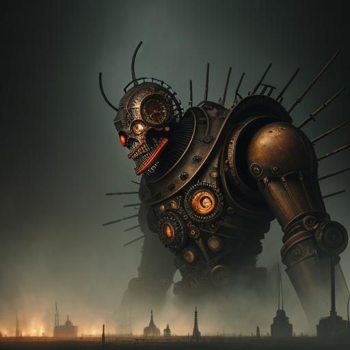 Menacing Steampunk Clown in Industrial Arena