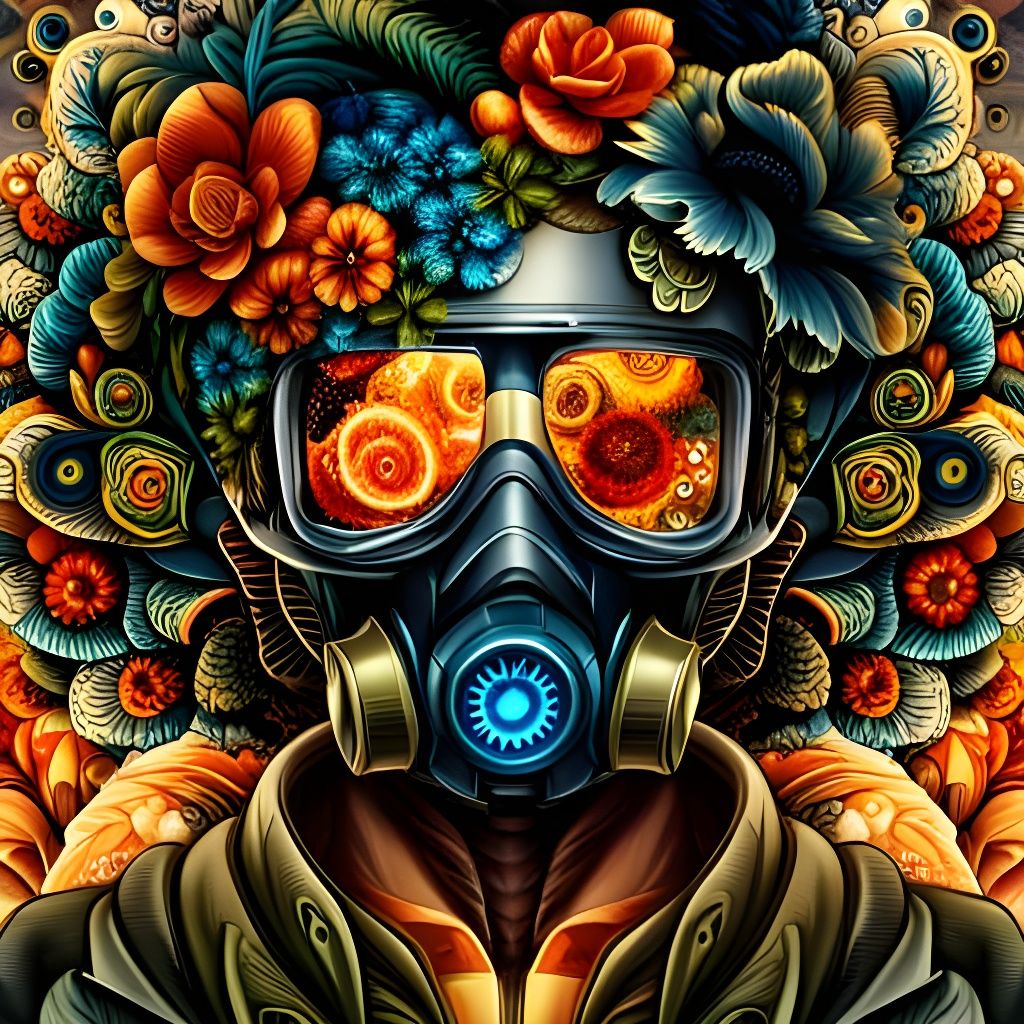 Cyberpunk Floral Man with Gas Mask