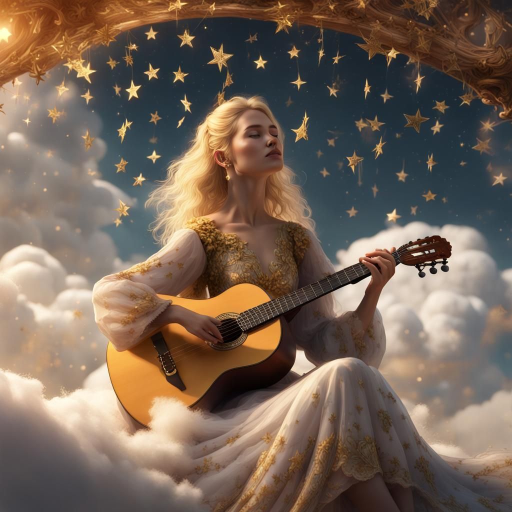 Guitarist on Cloud with Stars, Matte Painting