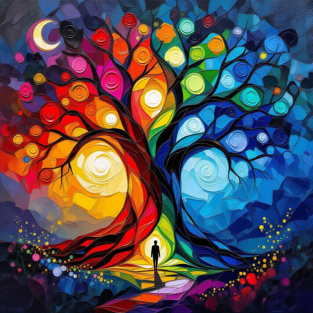 Ancient Tree Bathed in Moonlight: Surreal Rainbow Palette
