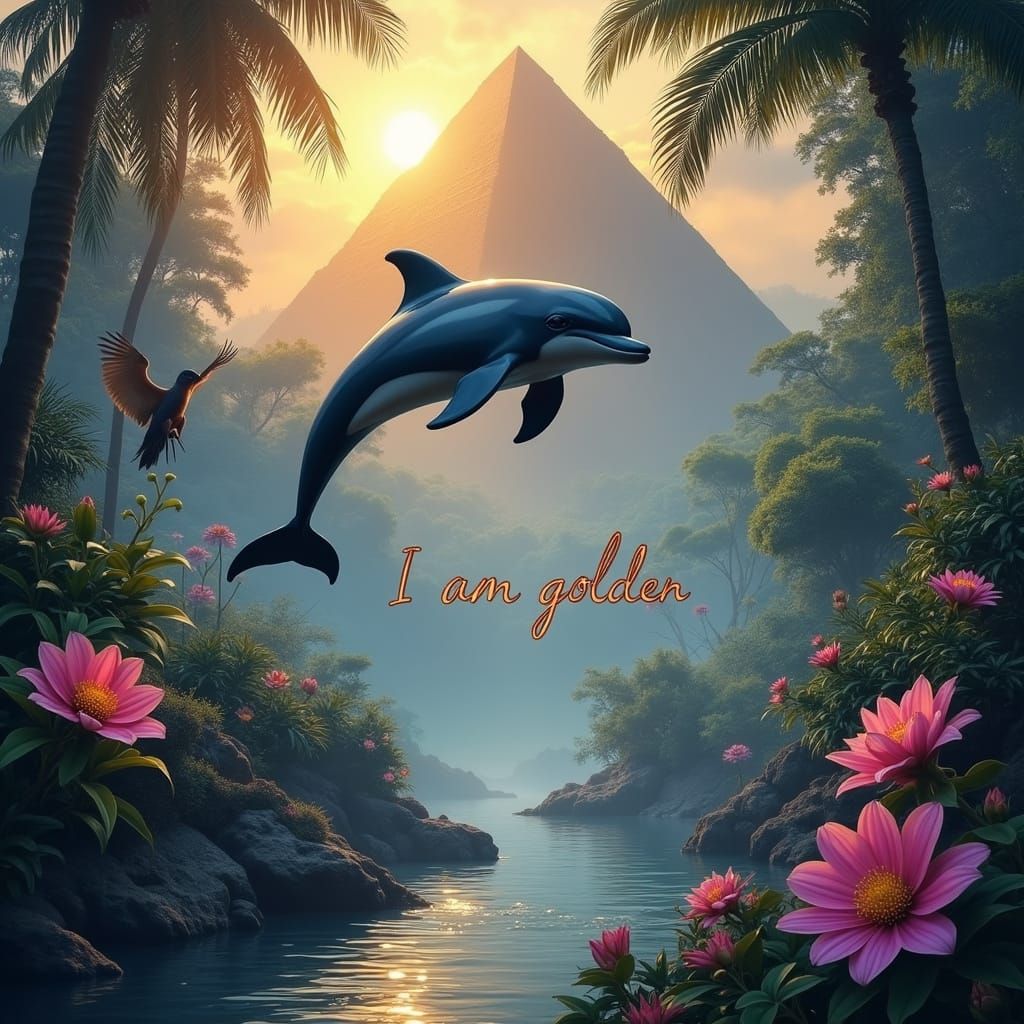Dolphin Leaps in Jungle Pyramid: Digital Painting