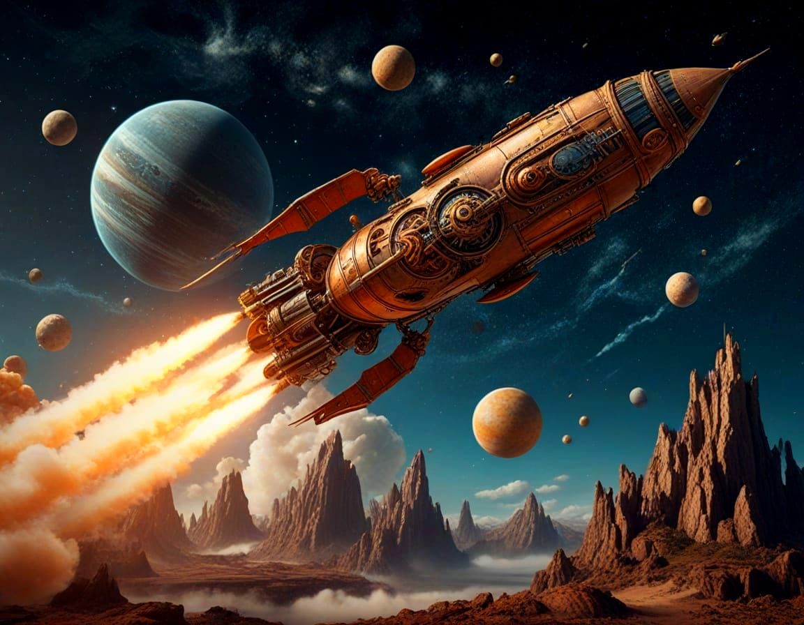 Steampunk Rocket Ship Designed by Leonardo da Vinci