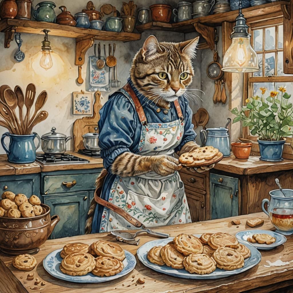 Whimsical Tabby Cat Baking Cookies in Watercolour Style