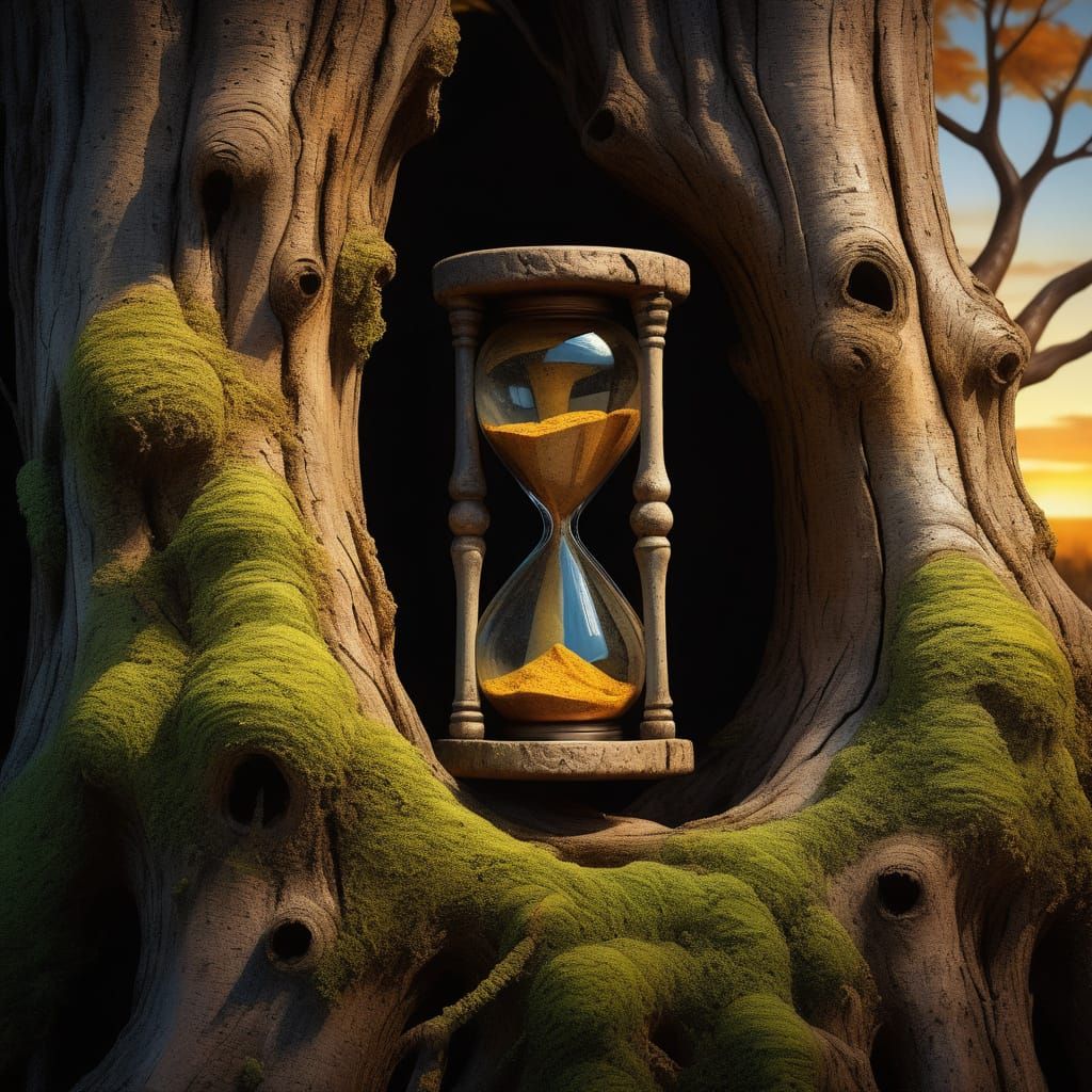 Surreal Oil Painting of Hourglass Transforms into Birds Amid...