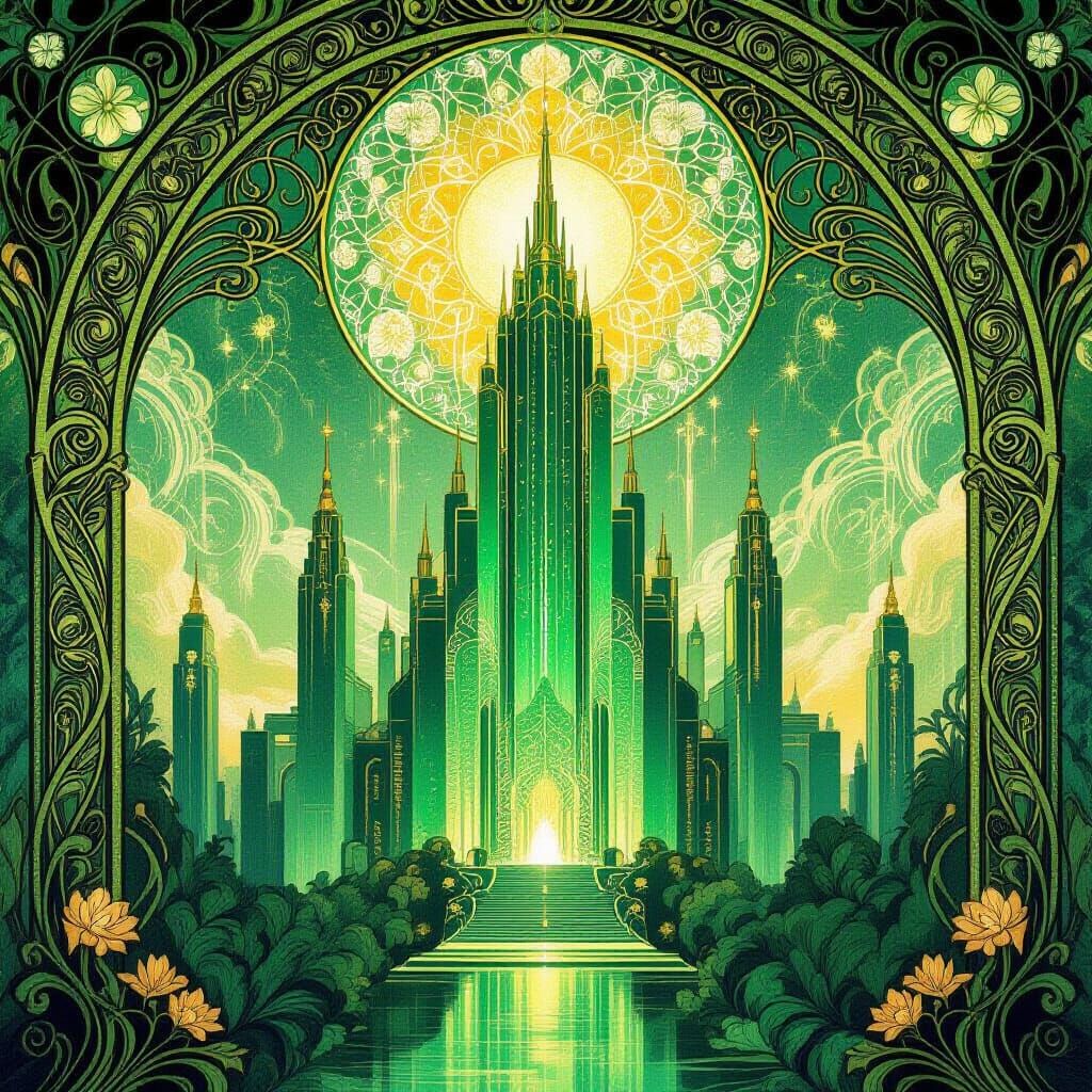 Art Nouveau Emerald City Bathed in Golden Light