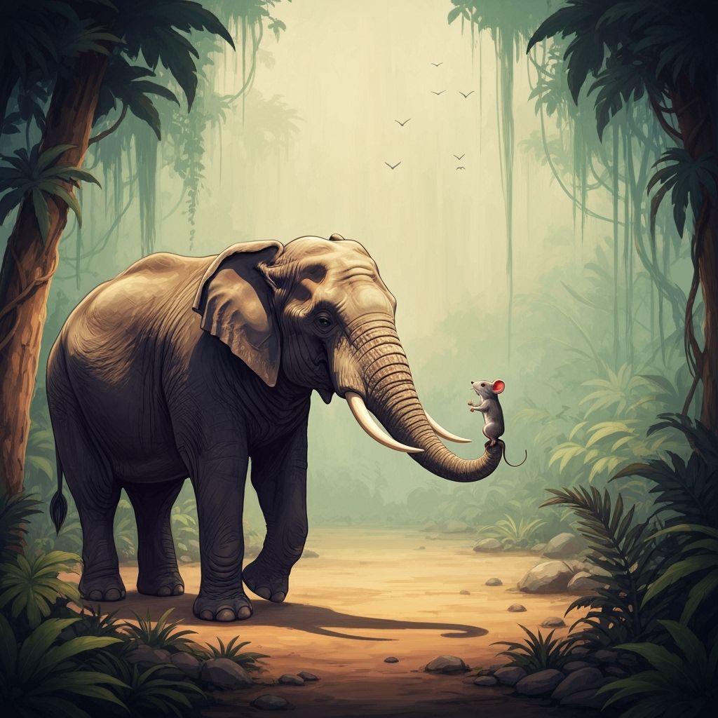 Elephant and Mouse Friendship in Detailed Jungle Scene