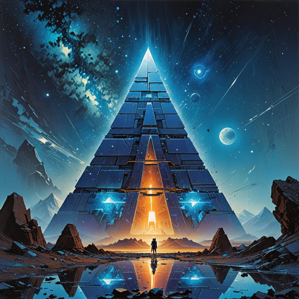 Futuristic Blue Pyramid with Milky Way, Digital Painting