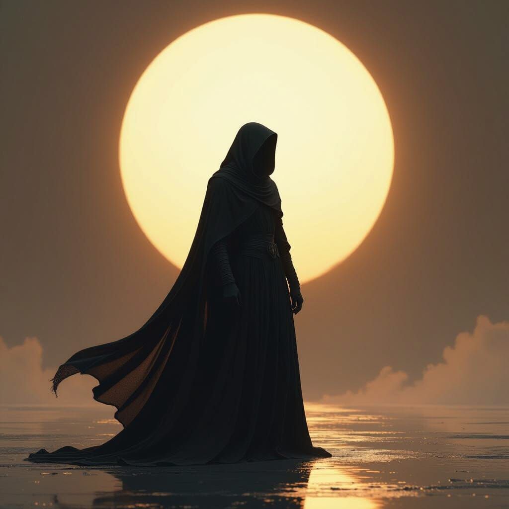 Mysterious Figure Against Sunlit Backdrop: Digital Matte Pai...