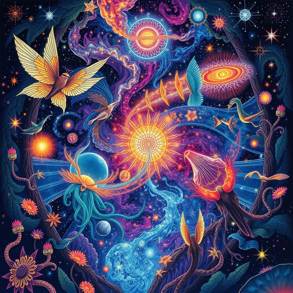 Vibrant Cosmic Astral Illustration with Ethereal Beings