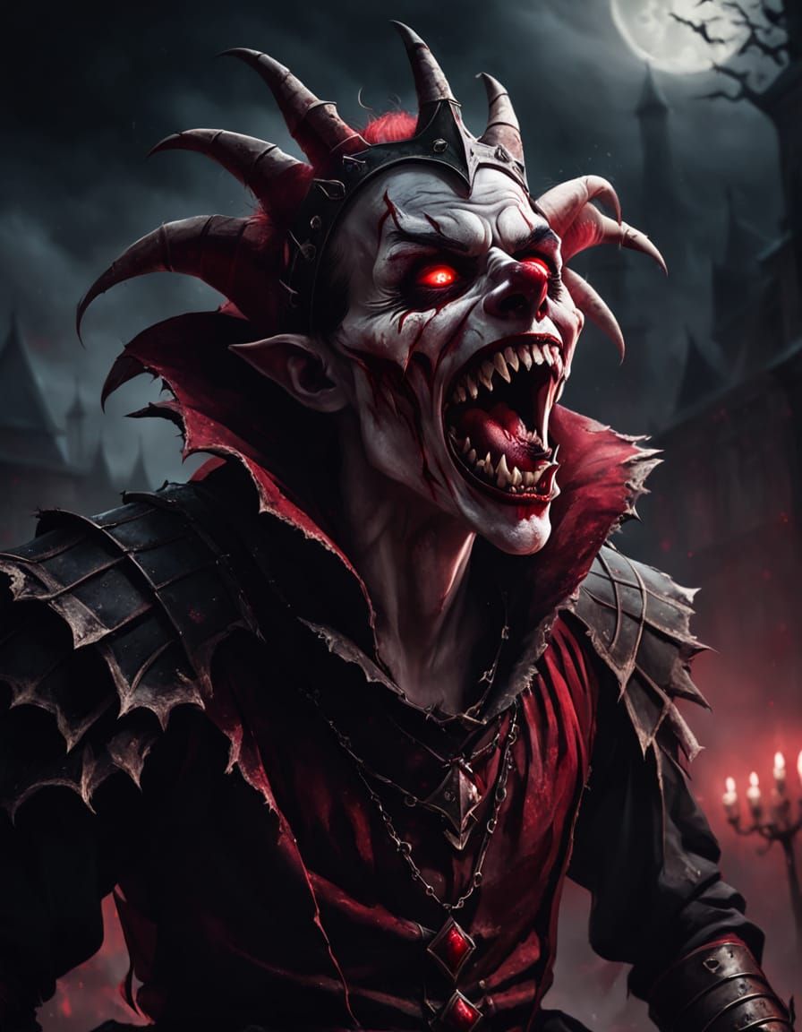 Ethereal Jester in Crimson Agony: Ominous Precisionism Art