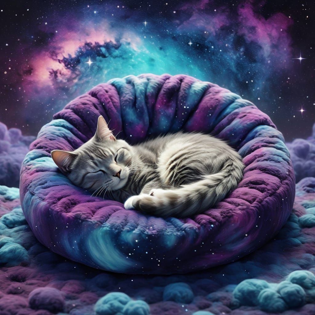 Cat Sleeping in Plush Bed Amidst Cosmic Nebula