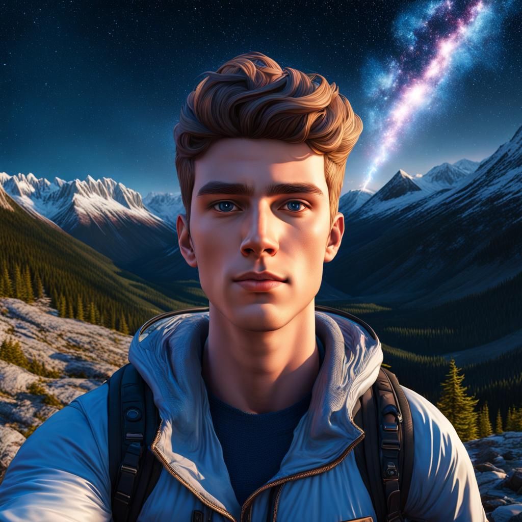 Young Man Waving Flare Under Starry Sky