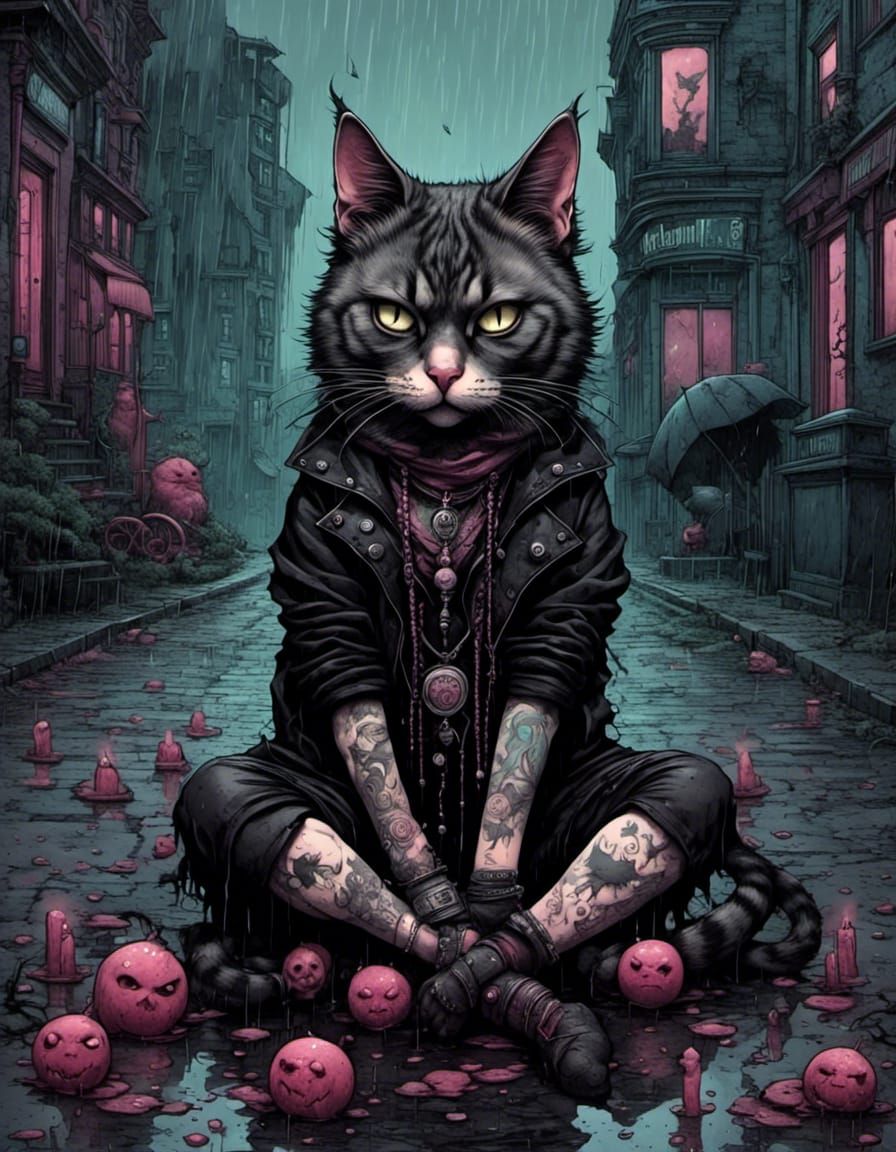 A Sorrowful Witchpunk Cat Endures the Rain