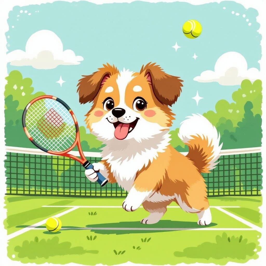 Cute Male Dog Serves Up Tennis Joy in Whimsical Watercolor S...