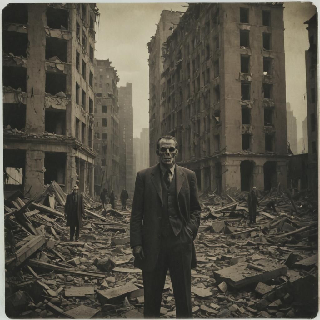 Eerie Film Noir: Lone Figure in Ruined City