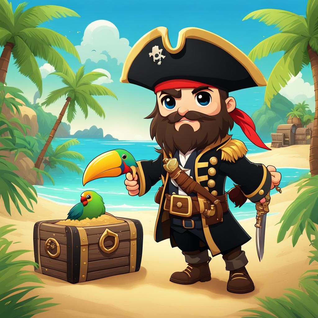 Chibi Pirate Cartoon on Tropical Treasure Island