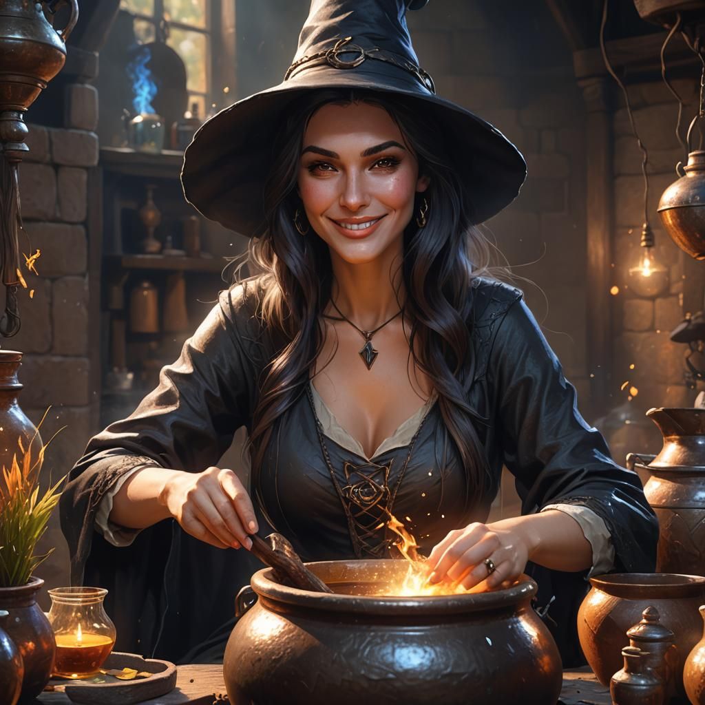 Beautiful Witch Brewing Potion: Hyperrealistic Fantasy Portr...