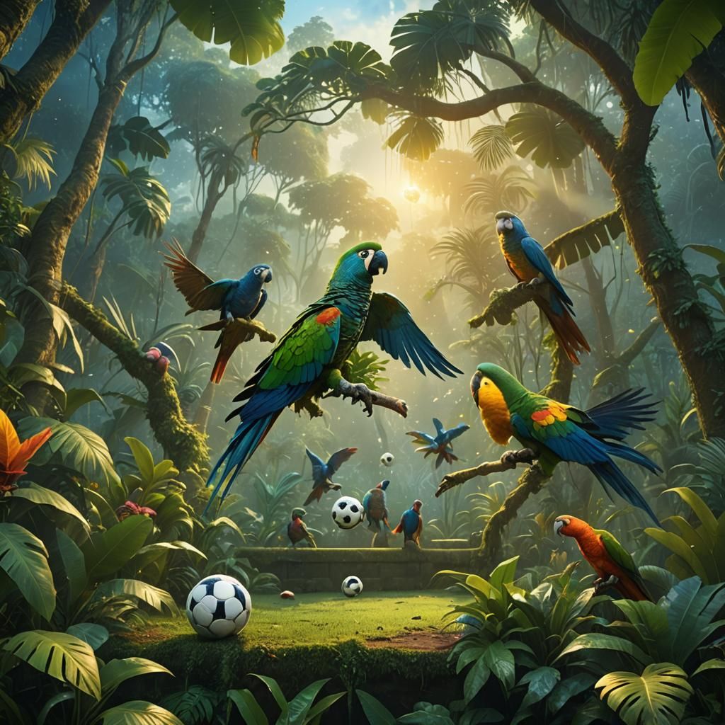 Parrots Play Soccer in Lush Jungle Stadium