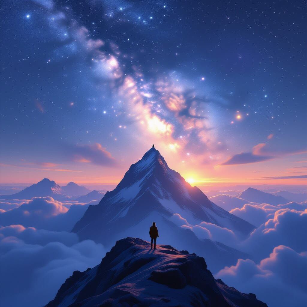 Lone Figure Gazes at Nebula Sky on Mountain Peak