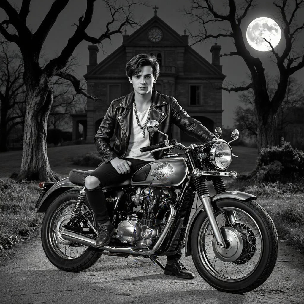 Biker Poses with Vintage Motorcycle at Gothic Mansion