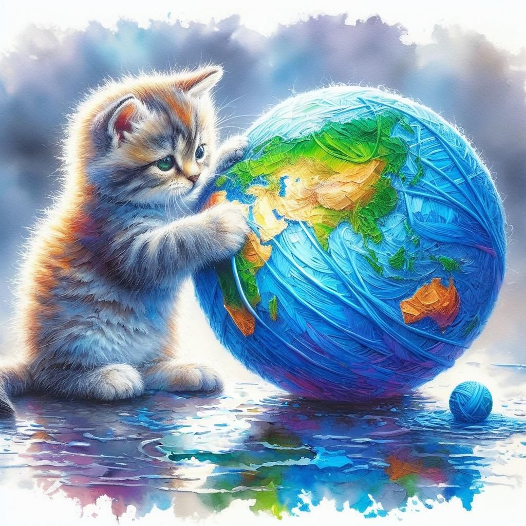 Kitten Plays with Earth: Watercolour Palette Knife Art