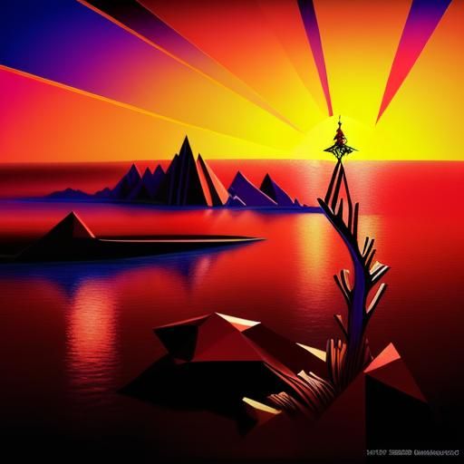 Sunset Tree in Cubist Geometric Art Deco Style