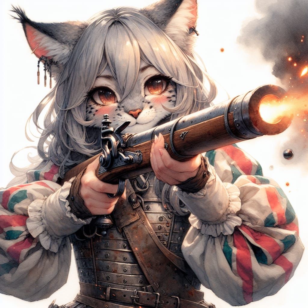 Romantic Anime Lynx Blunderbuss Portrait in Watercolour Styl...
