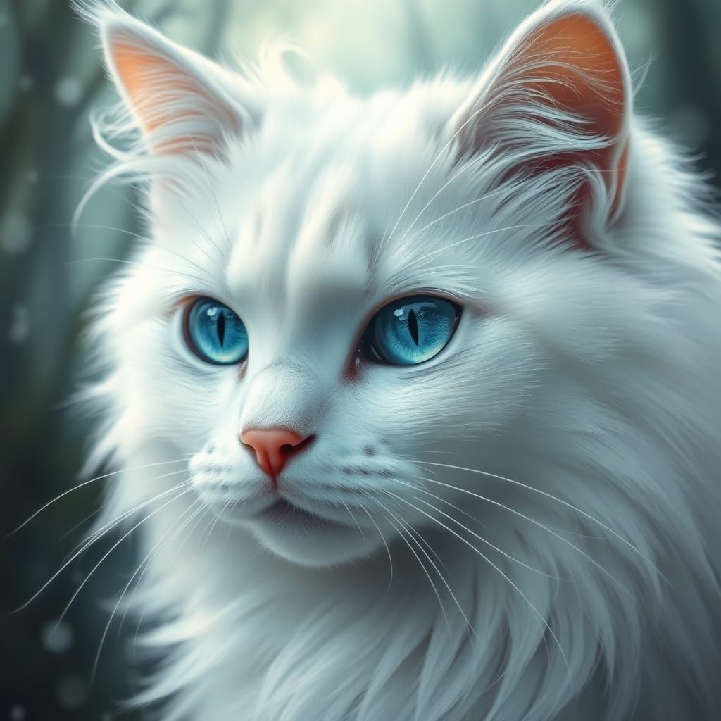Serene White Cat in Dreamy Forest Landscape