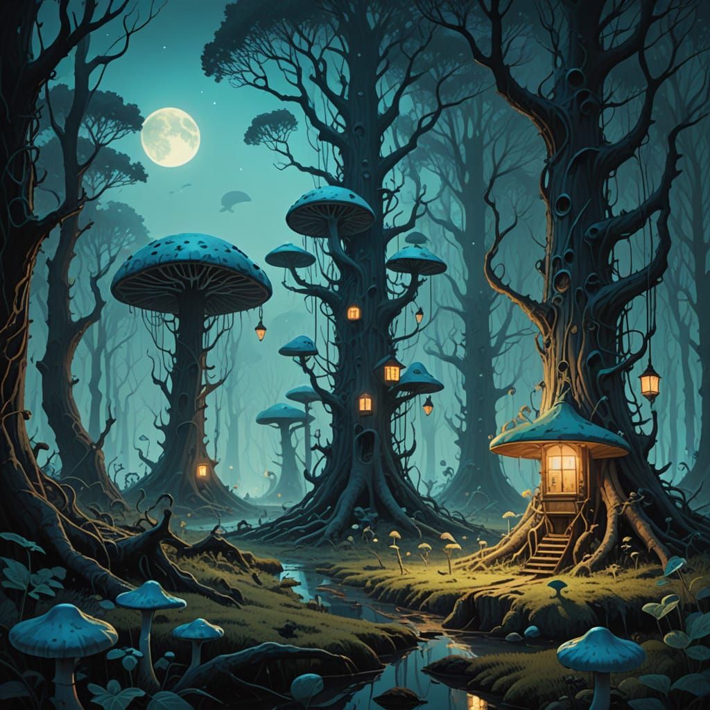 Dreamlike Forest with Melting Clock Fruit