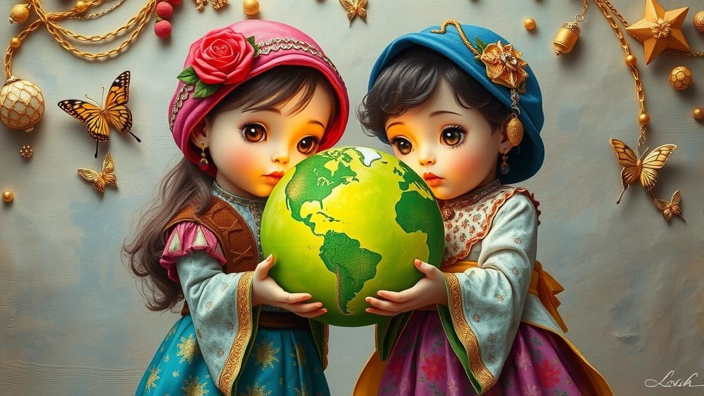 Children Admiring Earth: 3D Alcohol-Ink Illustration