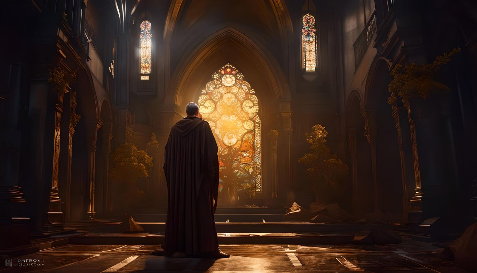 Dark Fantasy Priest in Church with Gold Cross