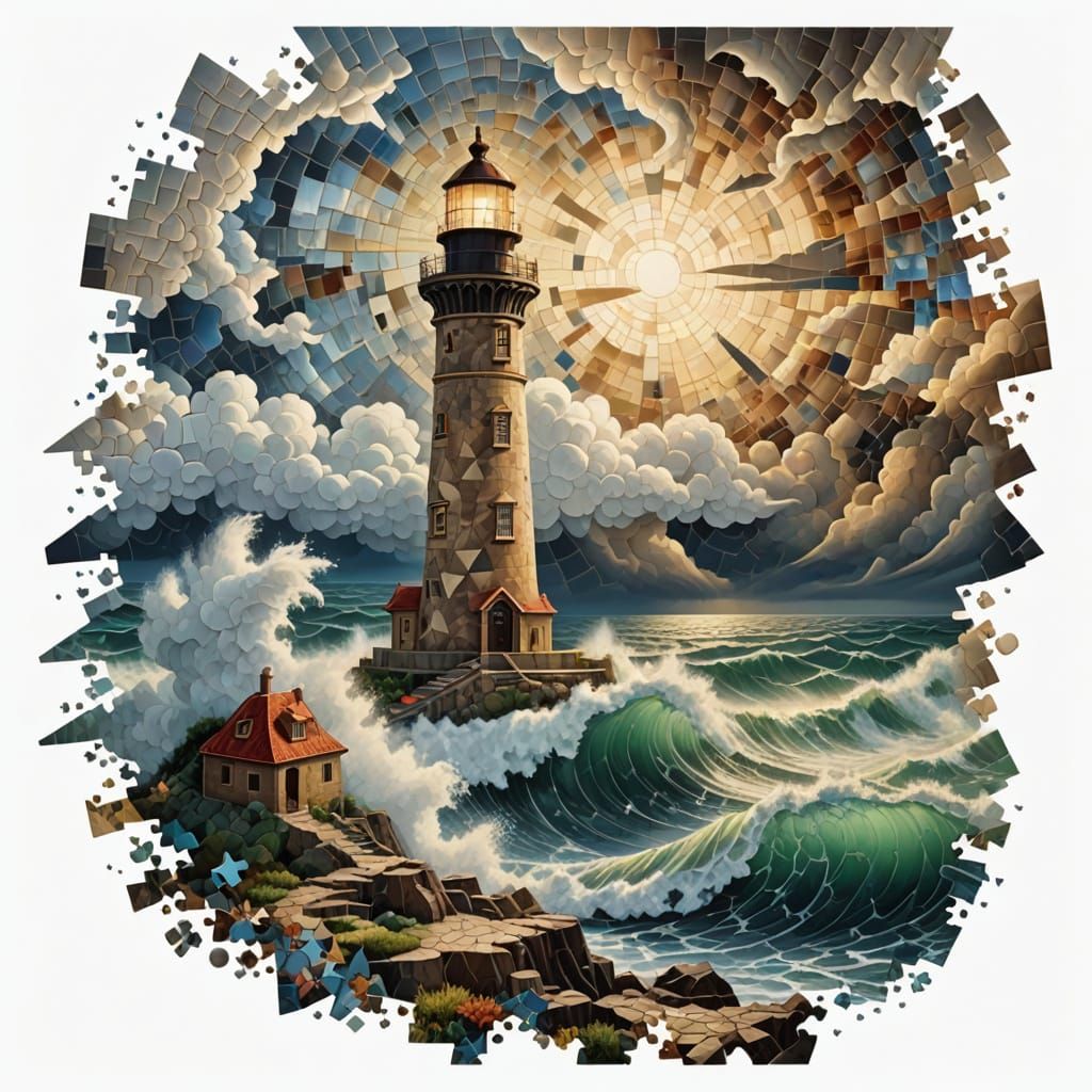 Surreal Renaissance Lighthouse Illuminates Turbulent Skies