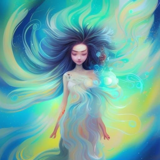 Celestial Rainbow Girl with Flowing Hair, Gouache Painting