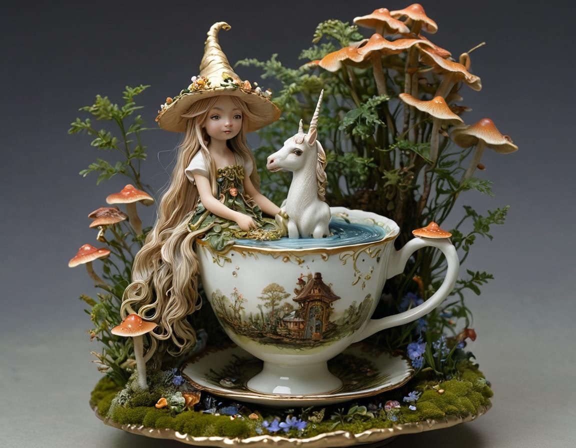 Fairy with Teacup Hat and Miniature Forest