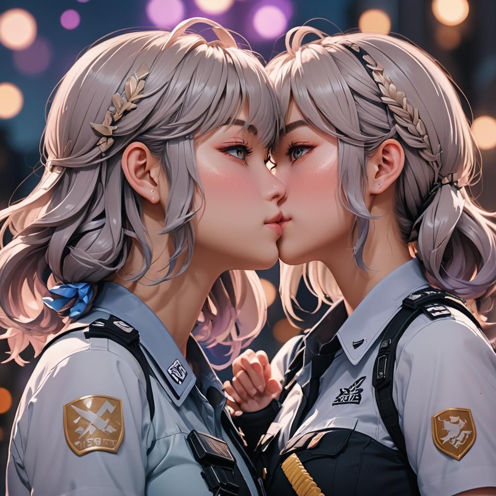 Anime Girls Kissing in 3D with SWAT Theme