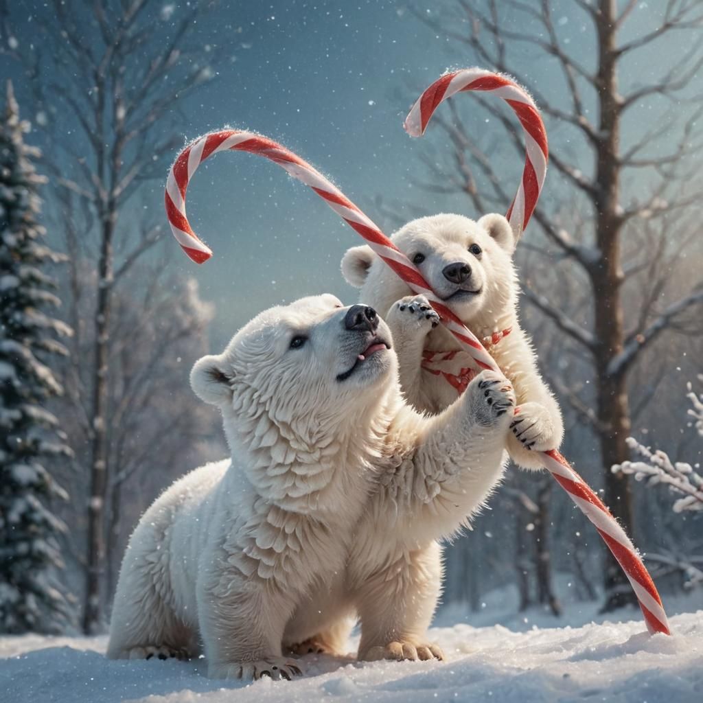 Polar Bear Cub Swings From Candy Cane in Snow