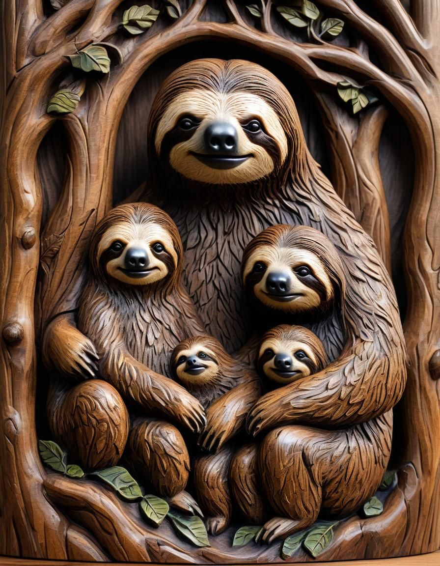 sloth family happy in carving made of real oak wood, in stat...