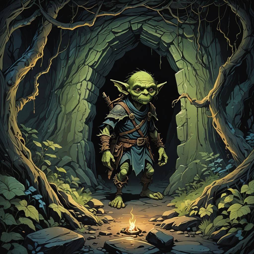 Dark Fantasy Goblin Cave Entrance in a Mysterious Forest