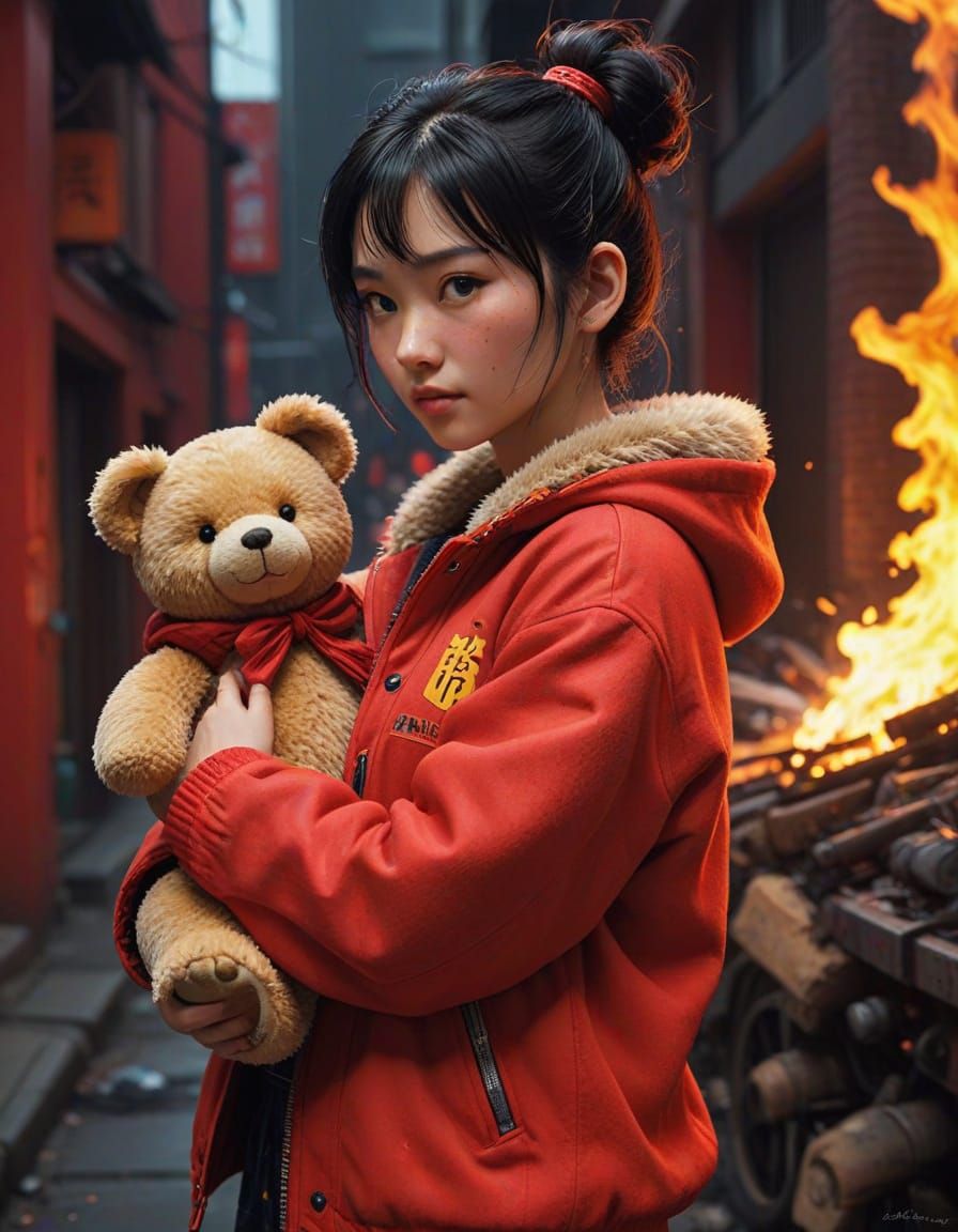 Hyperrealistic Anime-Inspired Girl with Teddy Bear