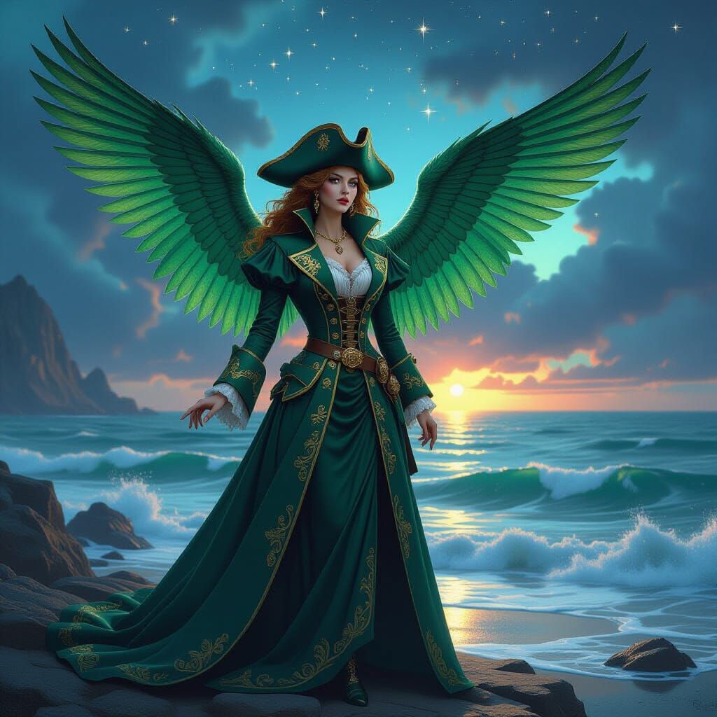 Emerald Winged Pirate Queen in Art Nouveau Style