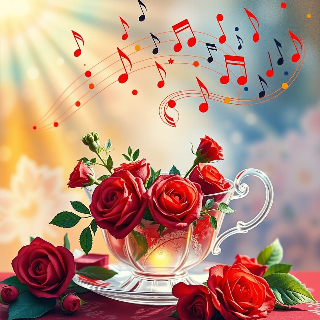 Teacup with Roses and Music Notes in Art Nouveau Style