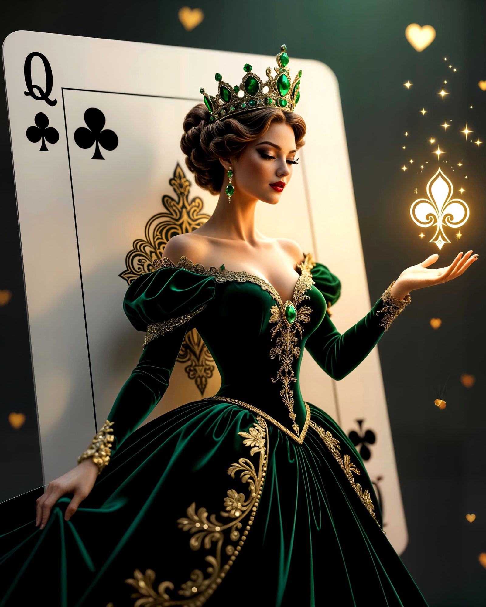 Queen of Clubs Emerges from Card in 3D Cinematic Rendering