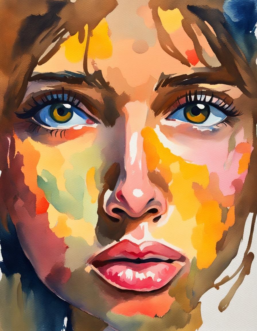 Girl's Face in Gouache Style Watercolor Painting